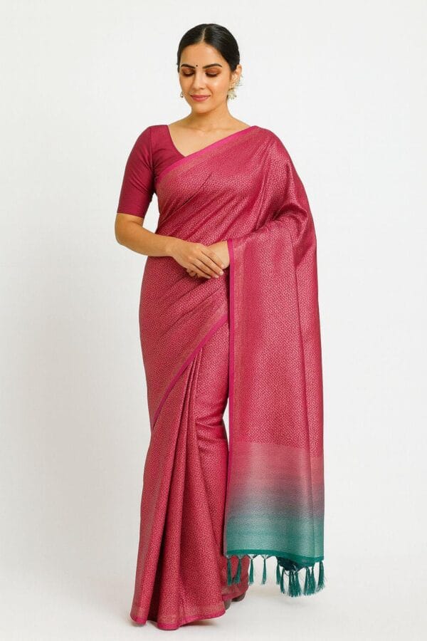 Red & Teal soft Silk Saree | Zari Weave, Tassel Pallu