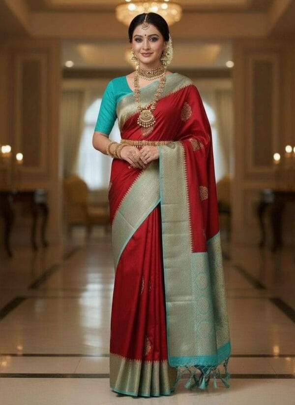 Red Kanjiveram Semi Silk Saree with Turquoise Blue Zari Border