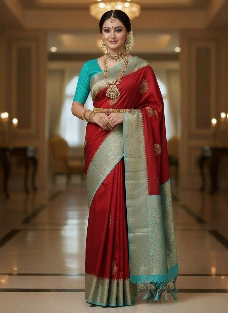 Red Kanjiveram Semi Silk Saree with Turquoise Blue Zari Border - Image 1