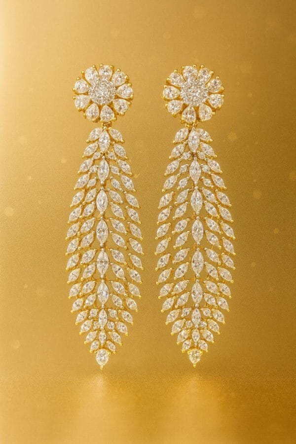 CZ Diamond Leaf Drop Earrings, Long Gold Plated Dangle Jewelry