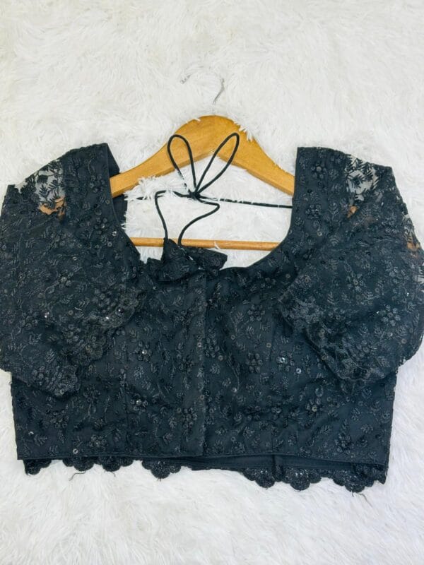 Black Sequin Embroidered Blouse | Party Lace Crop Top, Size 34 - Image 2