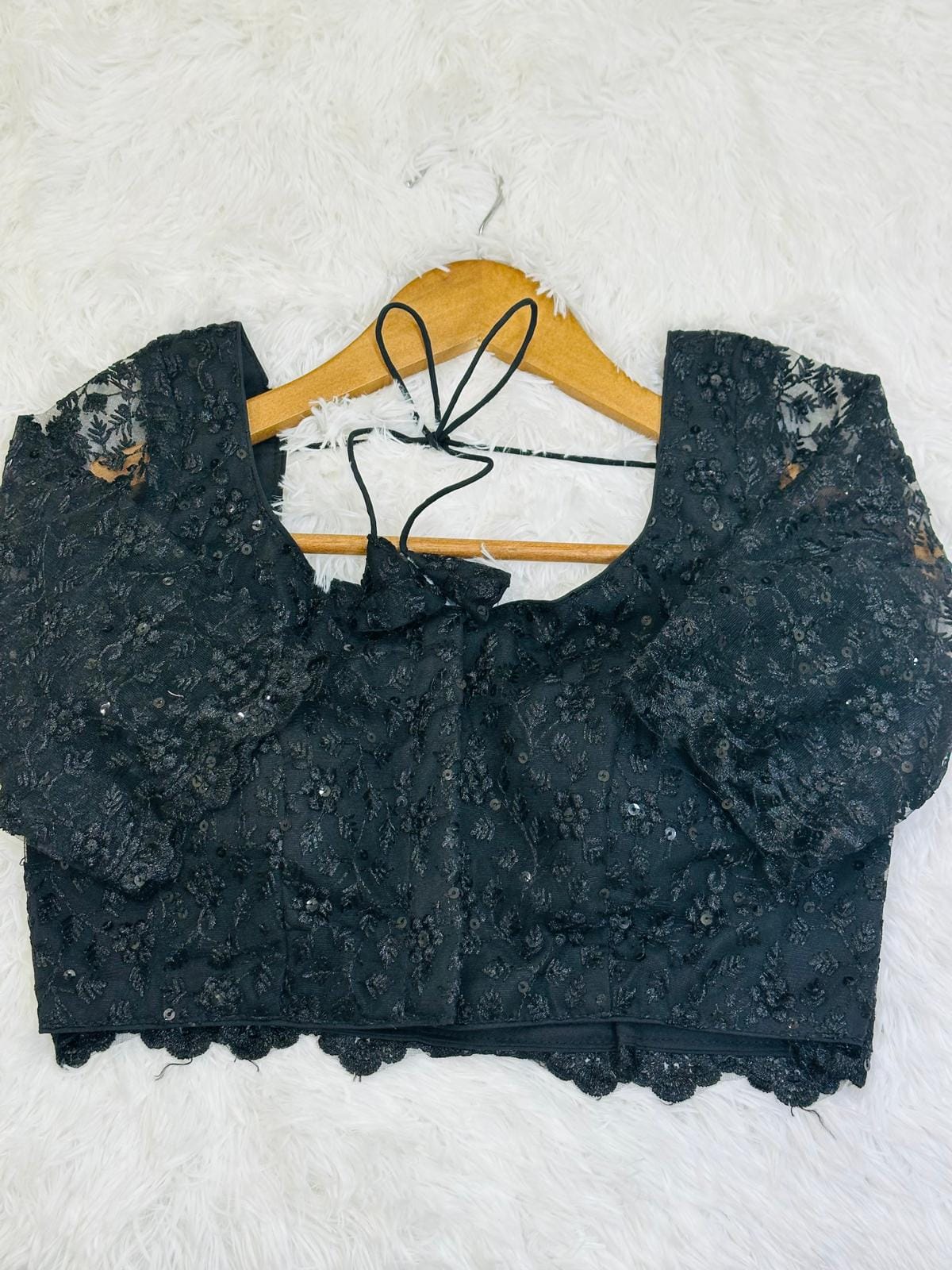 Black Sequin Embroidered Blouse | Party Lace Crop Top, Size 34 - Image 2