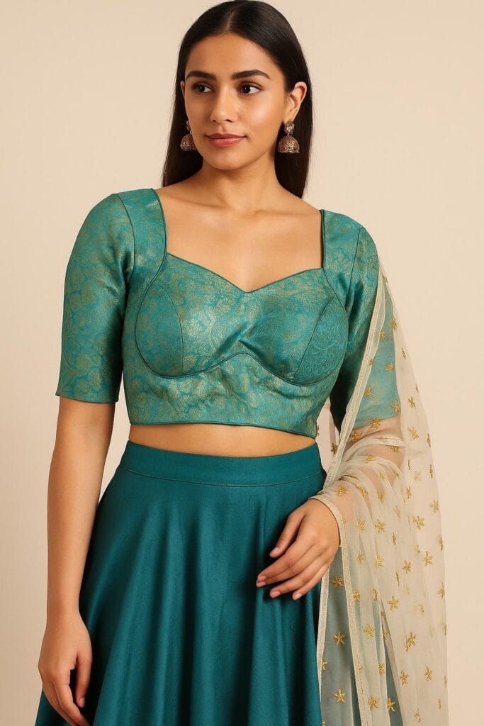 Teal Blue Banarasi Brocade readymade Blouse | Padded Blouse for saree (Size 34)