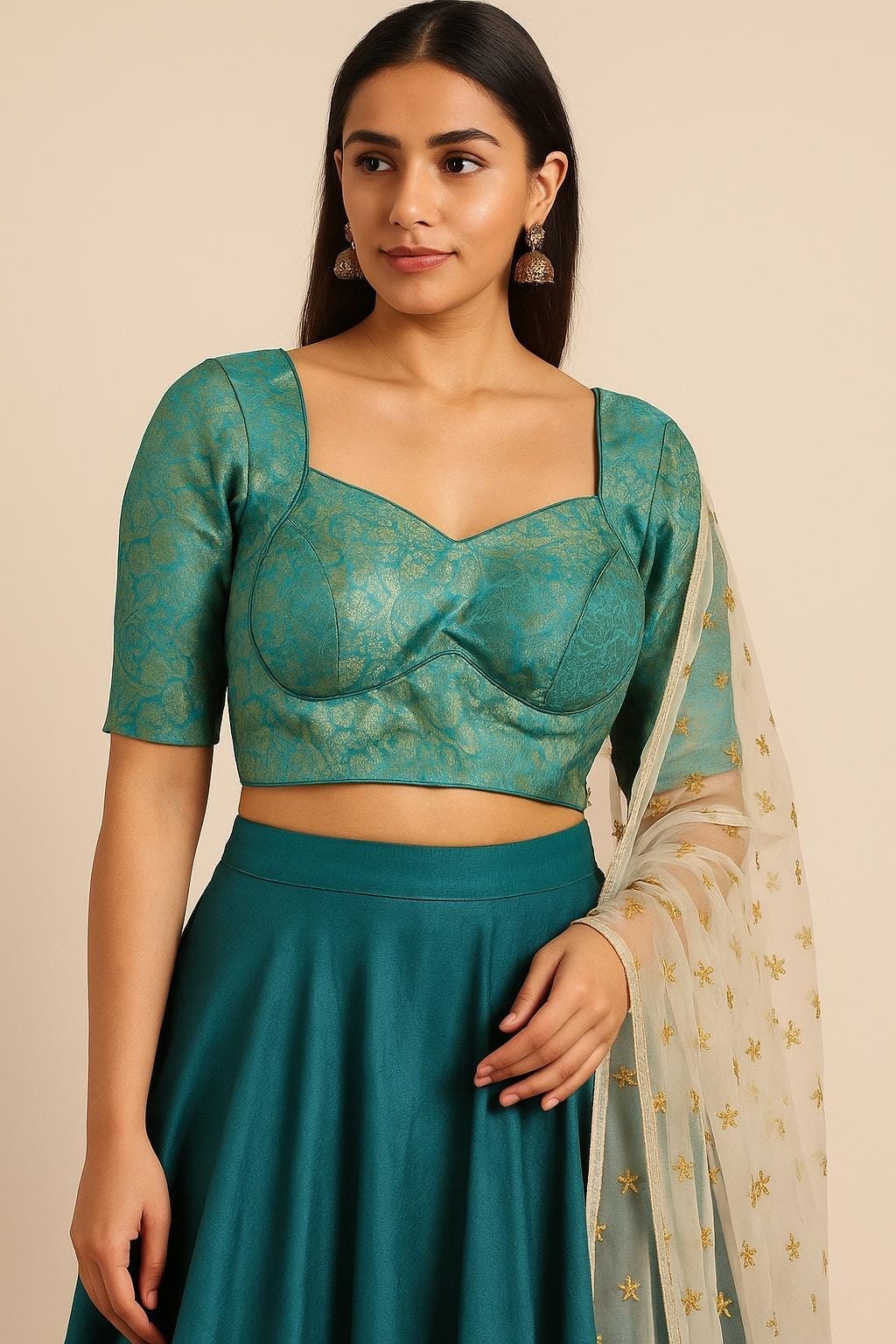 Teal Blue Banarasi Brocade readymade Blouse | Padded Blouse for saree (Size 34) - Image 1