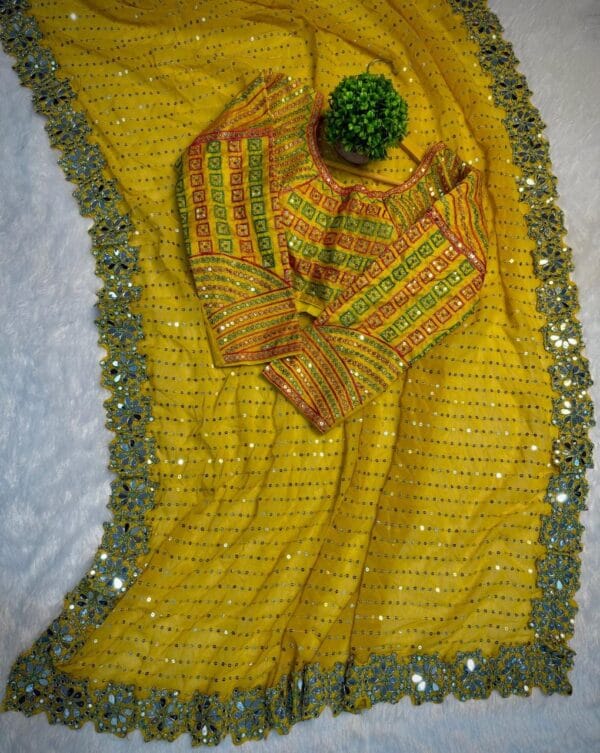 Georgette Saree, Heavy Sequin & Mirror Work saree with stitched Blouse - Image 7