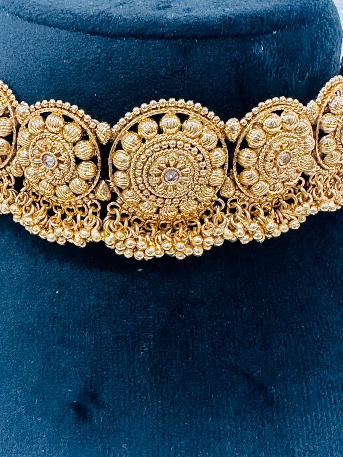 Bridal Gold Plated Choker Set • Temple Jewelry Jhumka Earrings • Maang Tikka Set for Wedding - Image 2