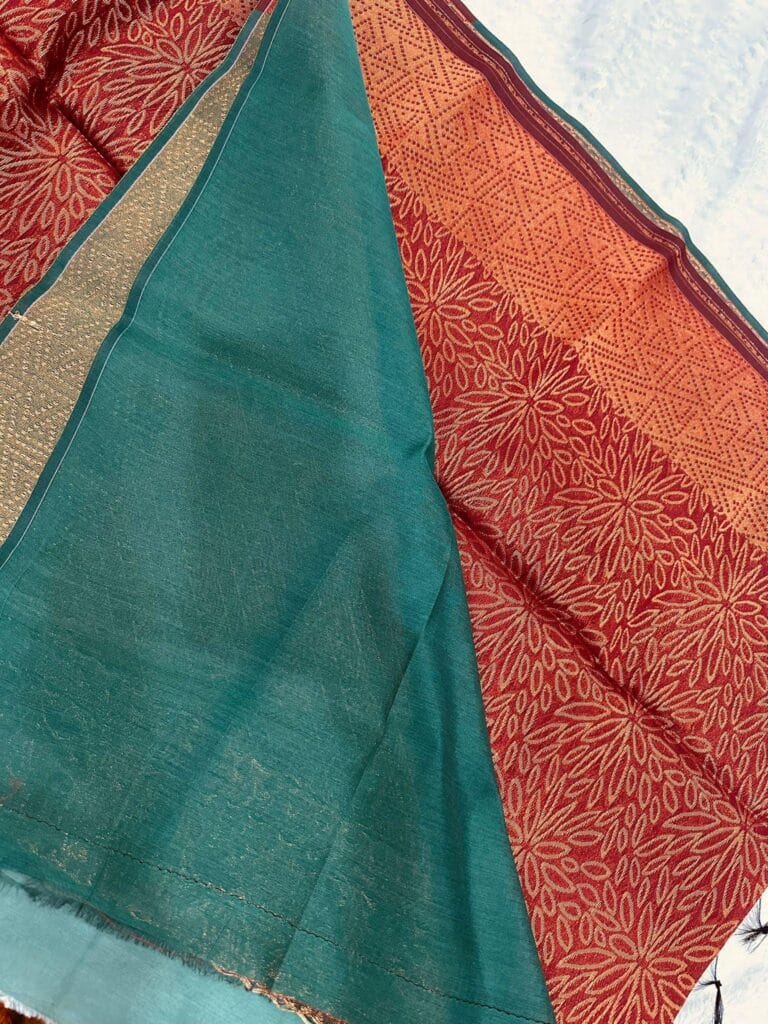 Maroon Green Tissue Silk Saree with Unstitched Blouse | Lightweight Shiny Silk Indian Party Wear
