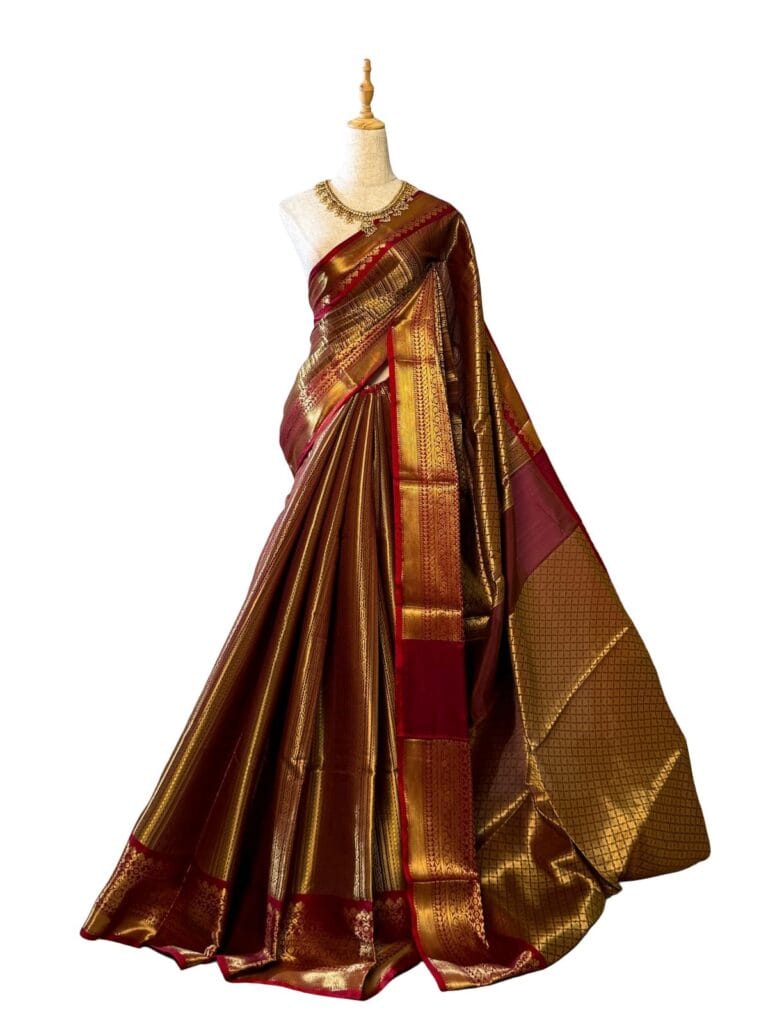 Coffee Brown Katan Silk Saree with Maroon Border, Traditional Banarasi Kathan Silk Wedding Saree, Heavy Gold Zari Bridal Saree