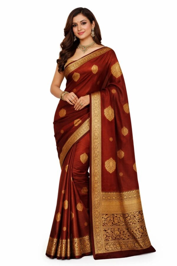 Kanchipuram Semi Silk Saree Rust Orange Coffee Brown | Traditional South Indian Silk Saree | Gold Zari Butta Wedding Saree