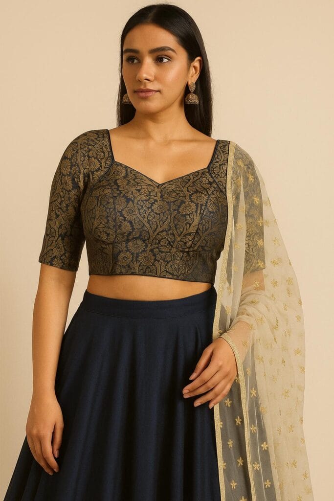 Navy Brocade readymade Blouse | Size 36 Padded Bow Tie Back