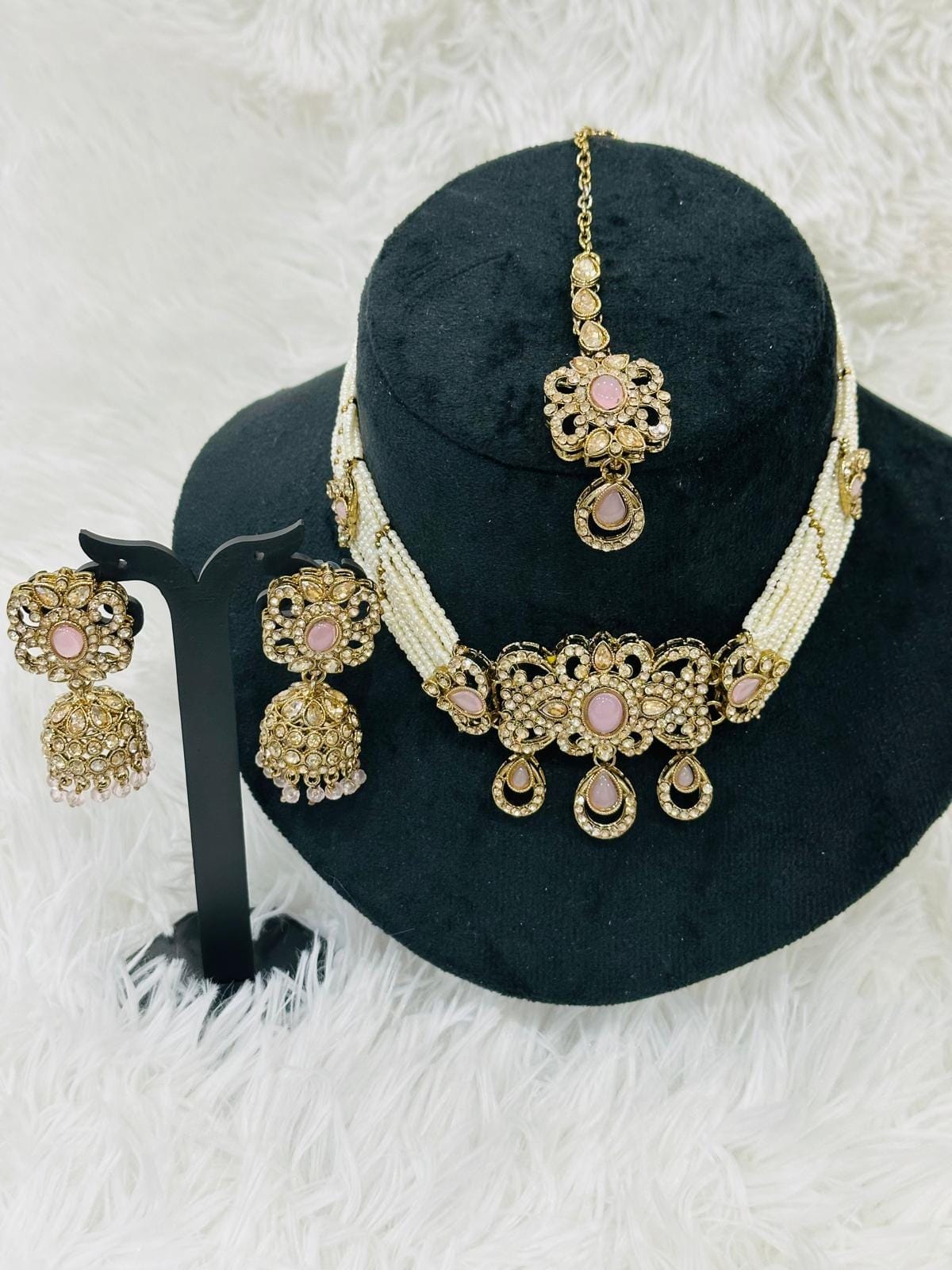 Gold Plated Kundan Jewelry Set | Pink Stone Choker Earrings Tikka • Pearl Beaded Choker - Image 1
