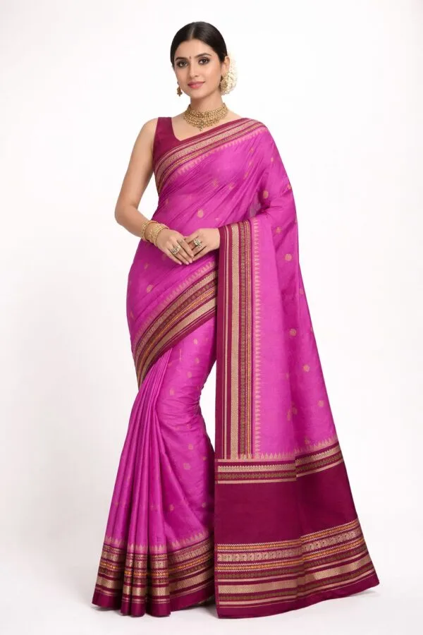 Celebrity Inspired Semi Silk Katan Saree – Rani Pink & Magenta Contrast Pallu – Golden Butta Zari Design – Soft Lightweight
