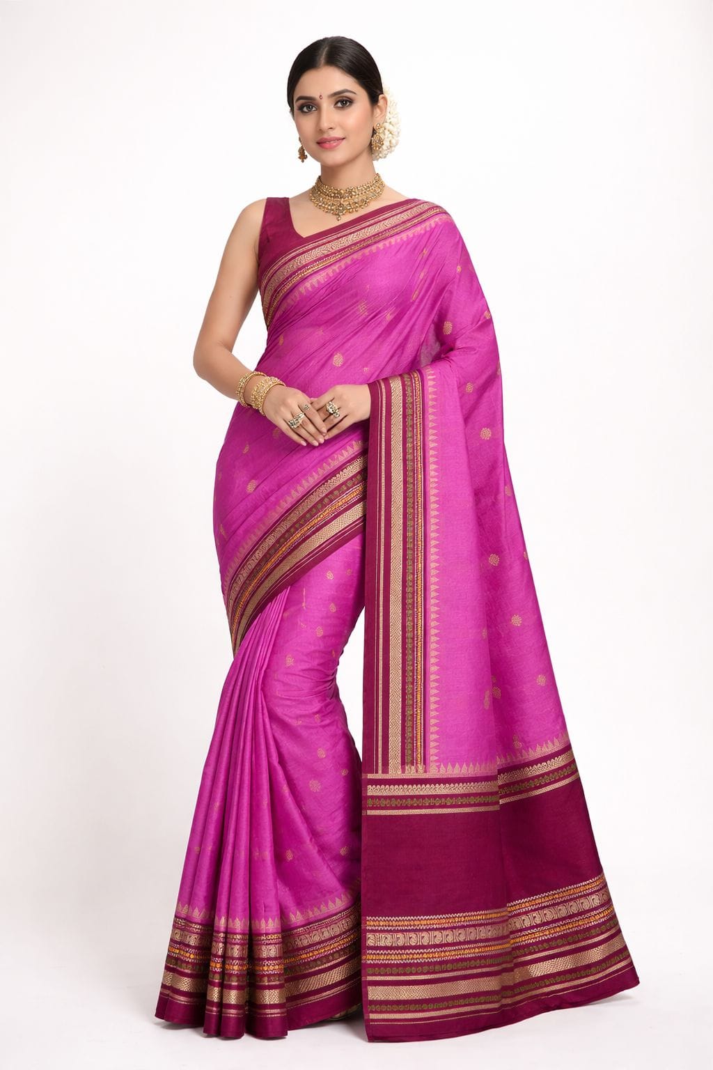 Celebrity Inspired Semi Silk Katan Saree – Rani Pink & Magenta Contrast Pallu – Golden Butta Zari Design – Soft Lightweight - Image 1