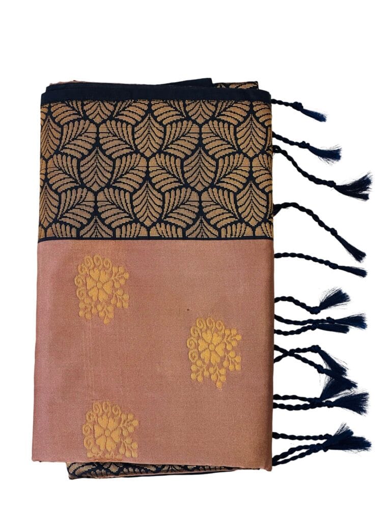 Luxury Dusty Copper Pink Soft Silk Saree Navy Blue Copper Dark Gold Butta, Elegant Party Wear Saree, Traditional Indian Wedding Saree