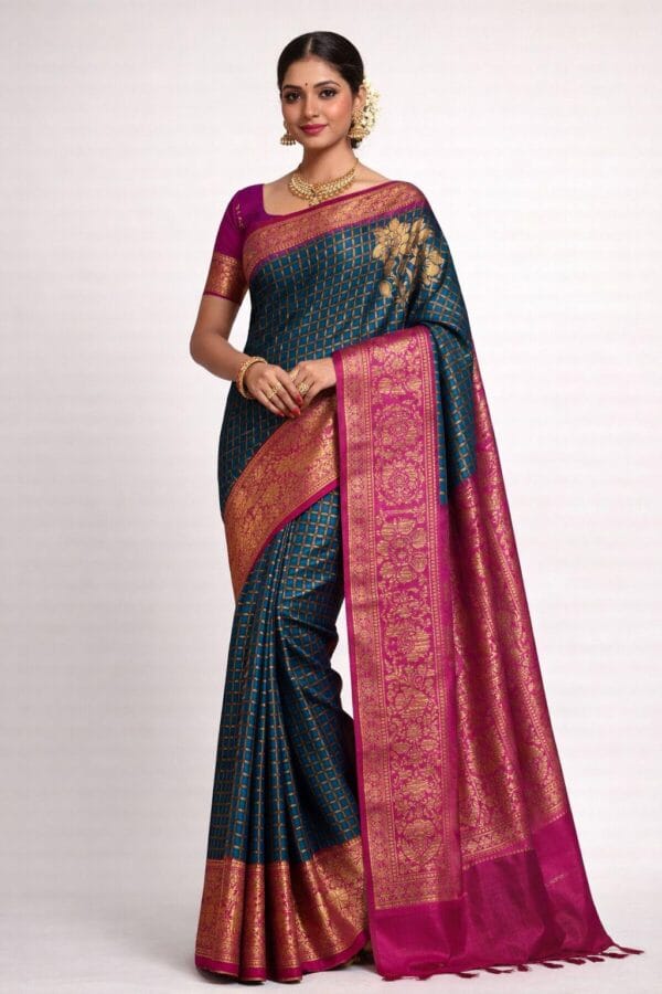 Soft Silk Saree Blue with Rani Pink Embroidered Brocade unstitched Blouse | Festive Party Wear