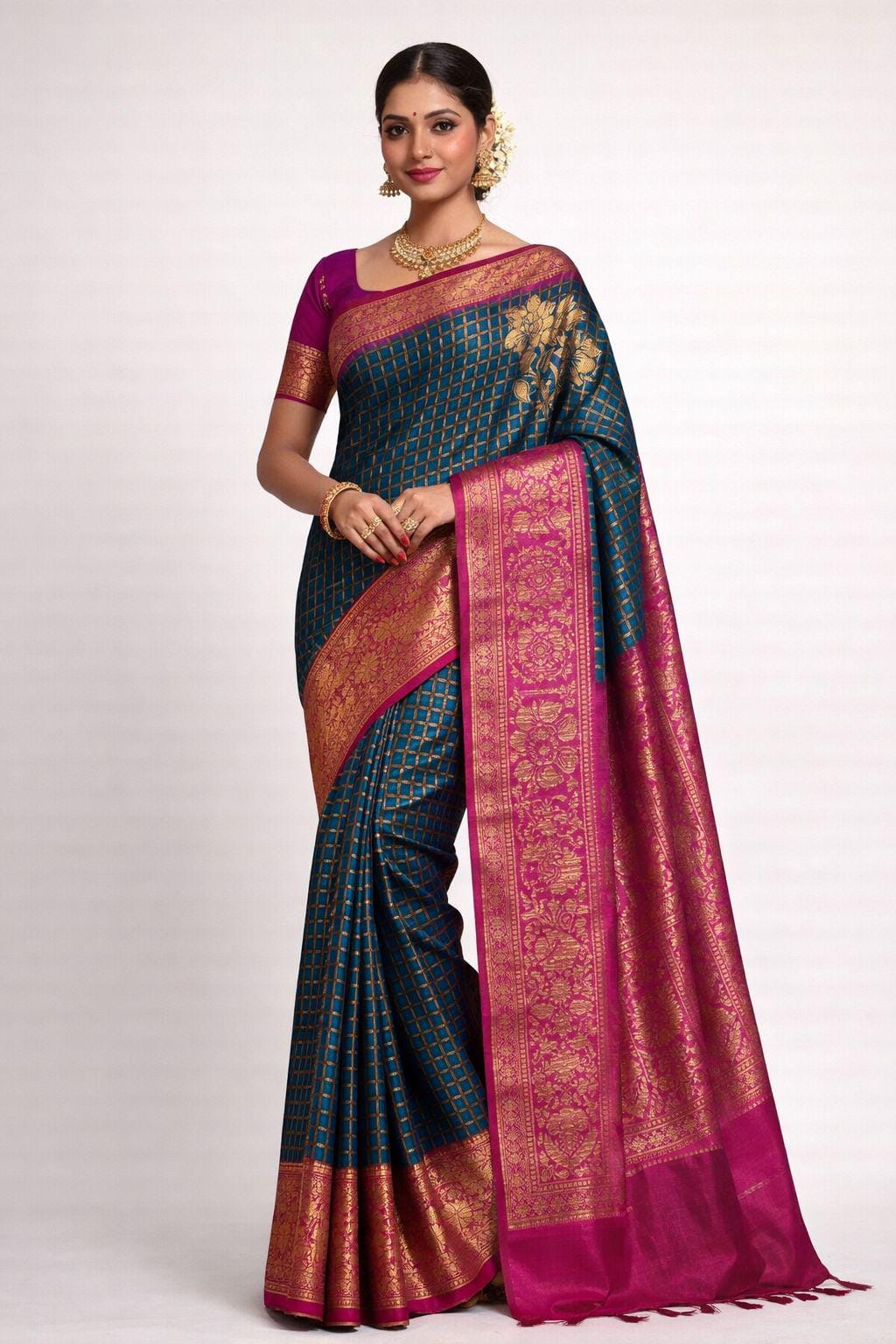 Soft Silk Saree Blue with Rani Pink Embroidered Brocade unstitched Blouse | Festive Party Wear - Image 1