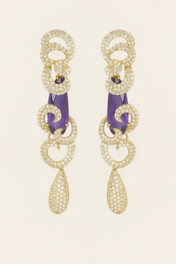 Gold Plated Dangle Earrings | Purple Stone & CZ Crystals