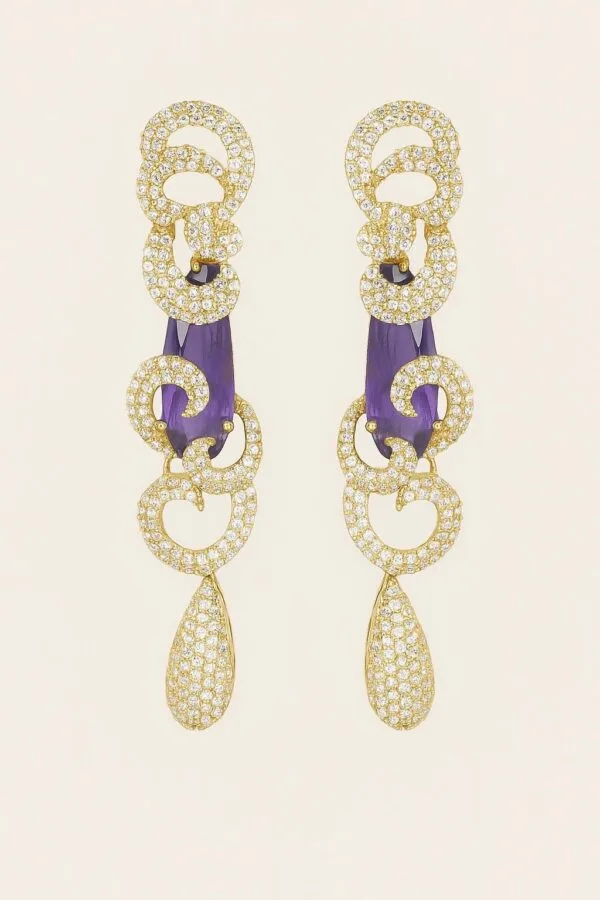 Gold Plated Dangle Earrings | Purple Stone & CZ Crystals