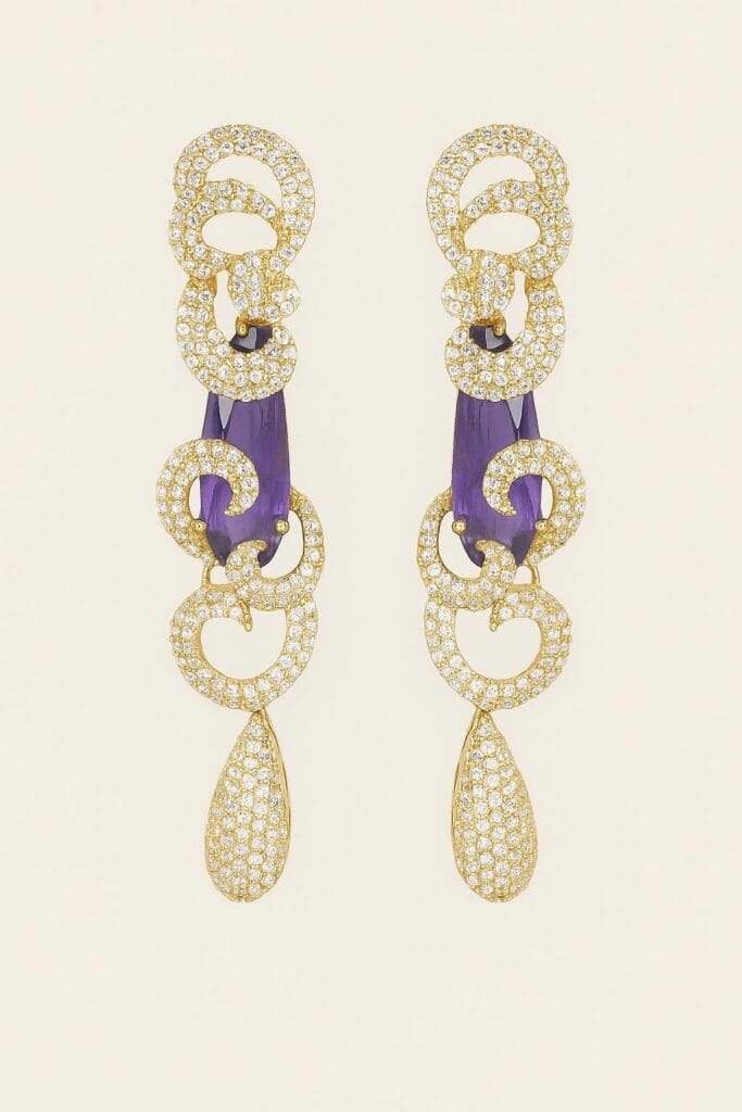 Gold Plated Dangle Earrings | Purple Stone & CZ Crystals