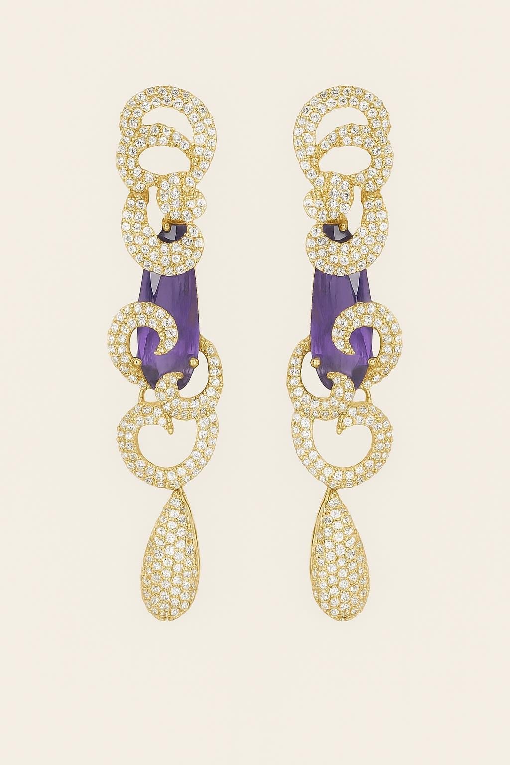 Gold Plated Dangle Earrings | Purple Stone & CZ Crystals - Image 1