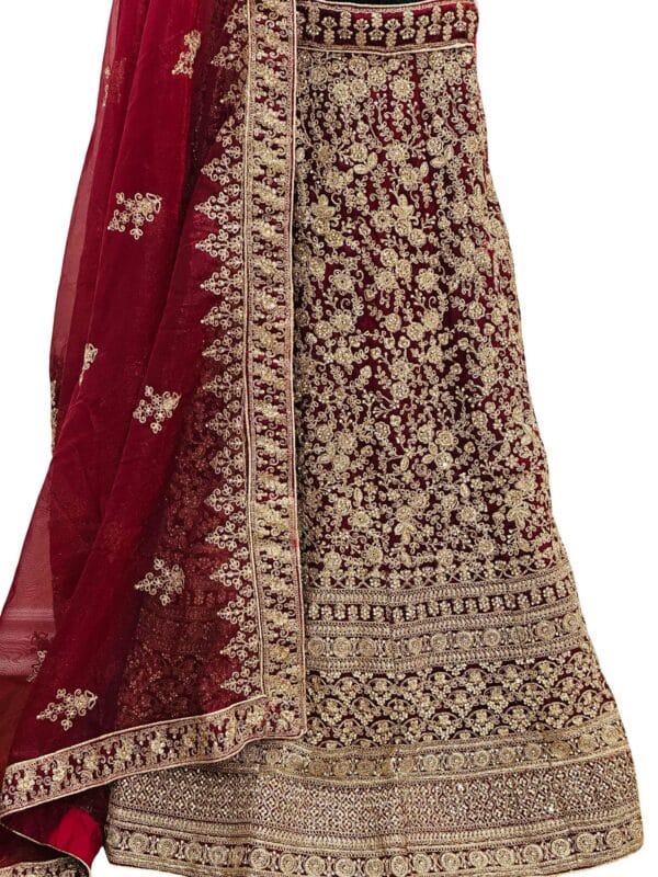 Maroon Bridal Lehenga Choli Set with Heavy Gold Embroidery | Designer Wear & Dupatta | size 36 - Image 3