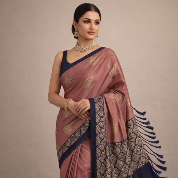Dusty Copper Pink Soft Silk Saree Navy Blue Copper, Gold Butta Indian Saree, Traditional Wedding Party Wear Saree