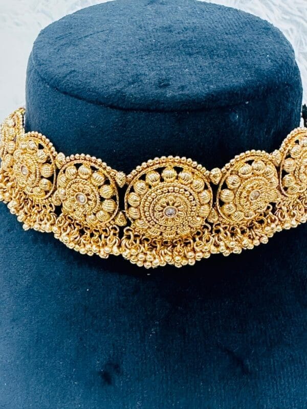 Bridal Gold Plated Choker Set • Temple Jewelry Jhumka Earrings • Maang Tikka Set for Wedding