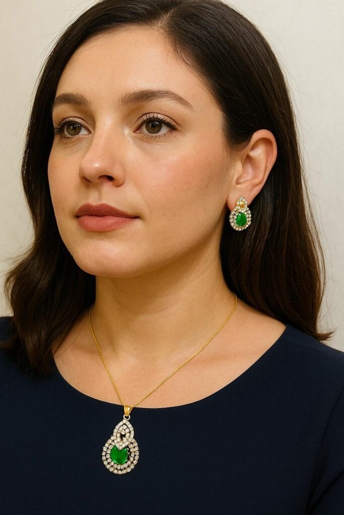 Green Stone Pendant Necklace and Earrings Set • Gold Plated CZ Jewelry • Indian Party Wear