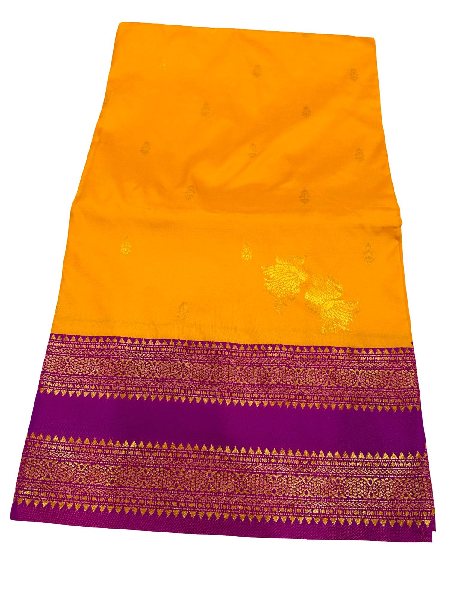 Gadwal Silk Saree Yellow Purple | Traditional South Indian Handloom Saree | Gold Zari Border Bridal Festive Wear - Image 4