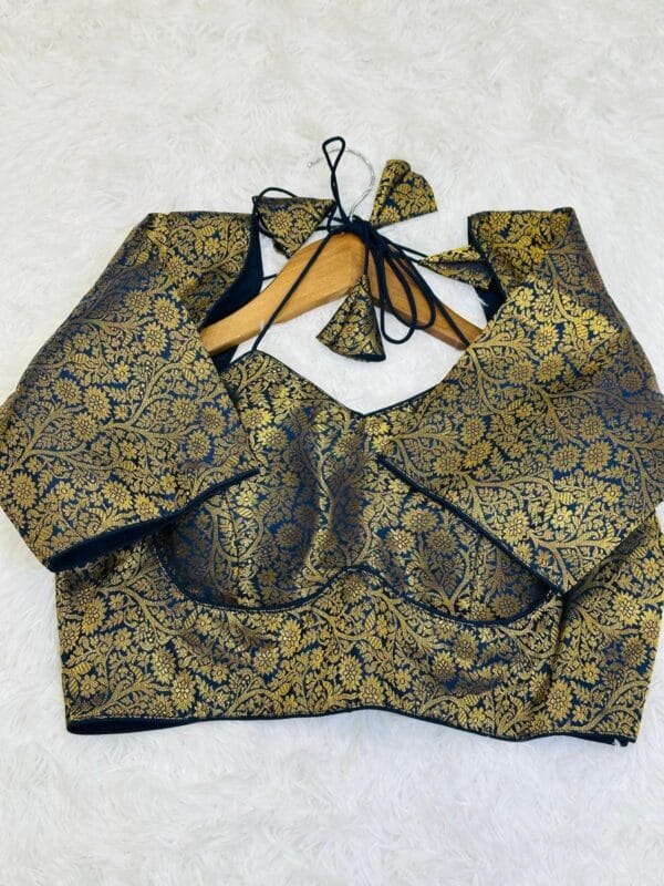 Navy Brocade readymade Blouse | Size 36 Padded Bow Tie Back - Image 2