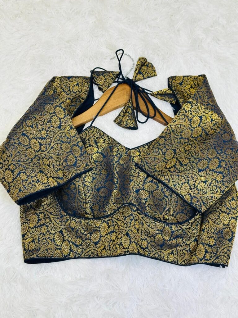 Navy Brocade readymade Blouse | Size 36 Padded Bow Tie Back