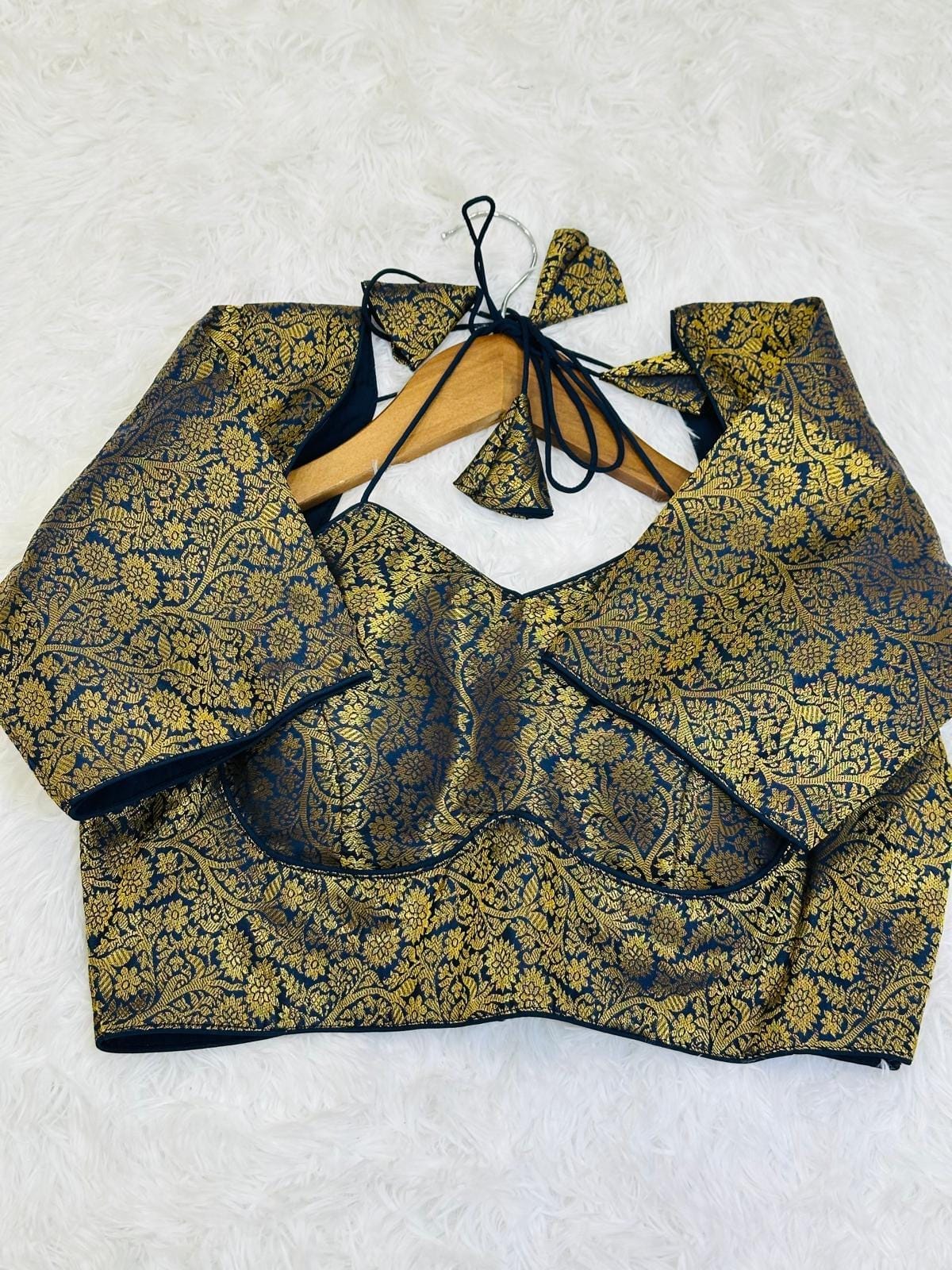 Navy Brocade readymade Blouse | Size 36 Padded Bow Tie Back - Image 2
