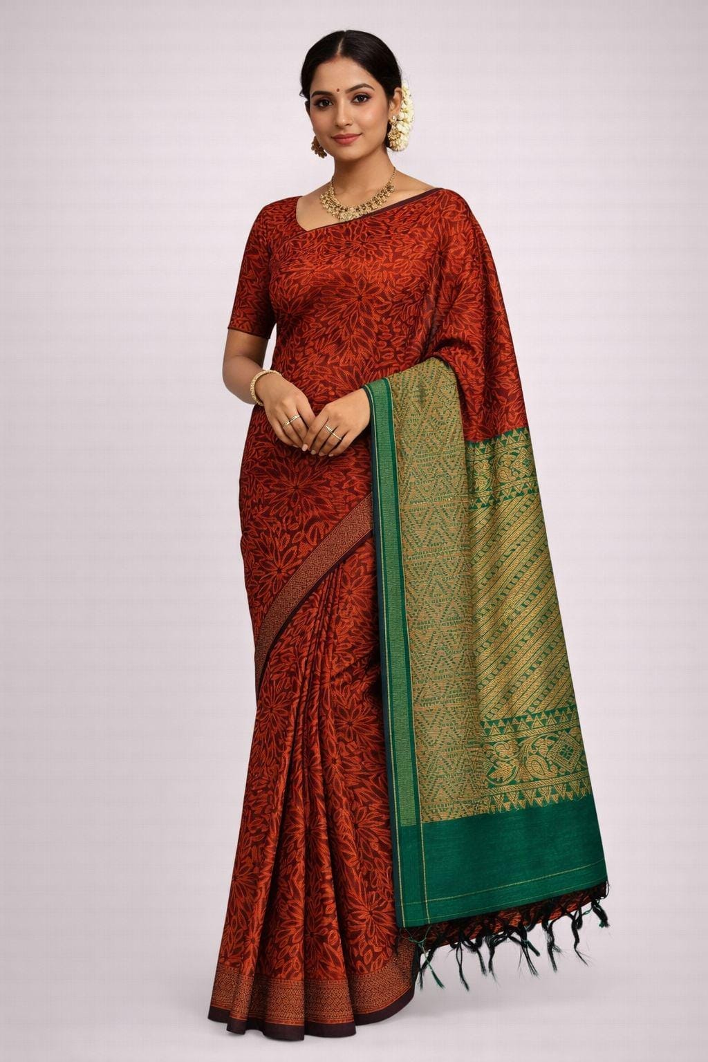 Maroon Green Tissue Silk Saree with Unstitched Blouse | Lightweight Shiny Silk Indian Party Wear - Image 1