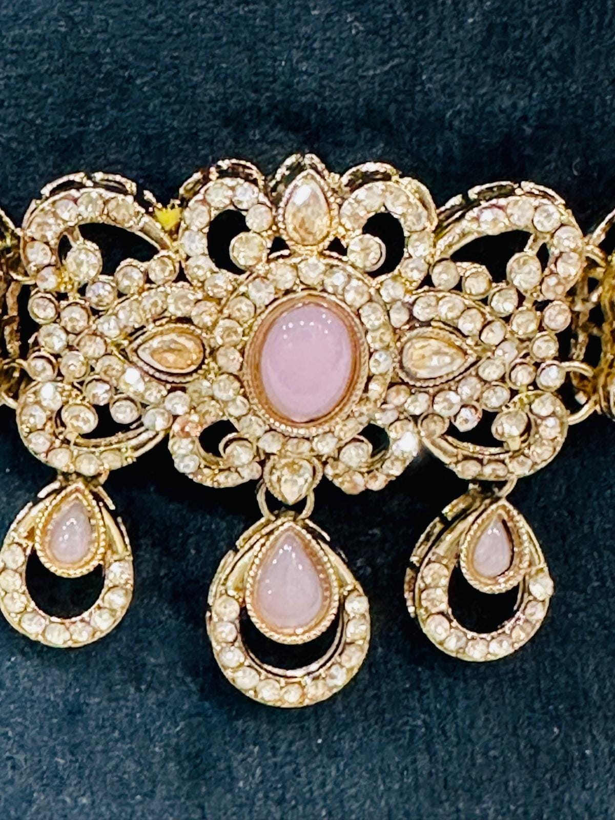 Gold Plated Kundan Jewelry Set | Pink Stone Choker Earrings Tikka • Pearl Beaded Choker - Image 3