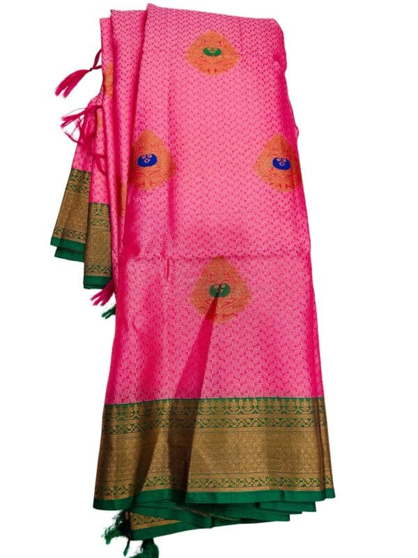 Pink Soft Silk Saree with Zari Border | Pink & Grey Blouse | South Indian Festive wear - Image 2