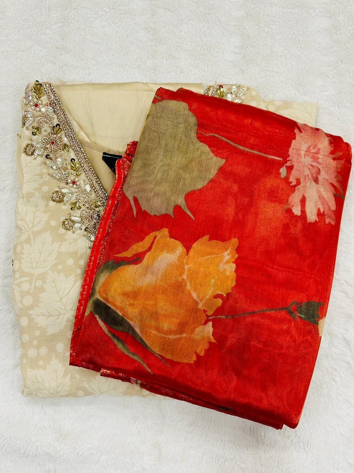 Embroidered Sandal Salwar Kameez Set XL | Orange Floral Dupatta - Image 2