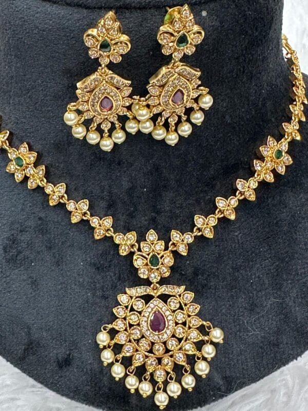 Traditional Gold Plated Ruby & Emerald CZ Necklace Set with earrings
