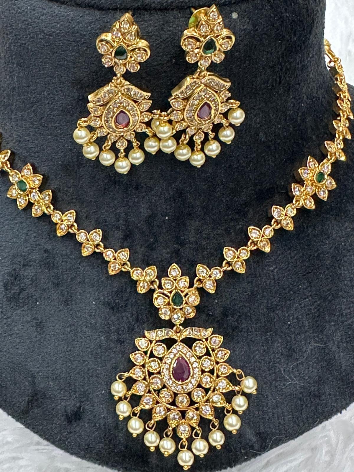 Traditional Gold Plated Ruby & Emerald CZ Necklace Set with earrings - Image 1