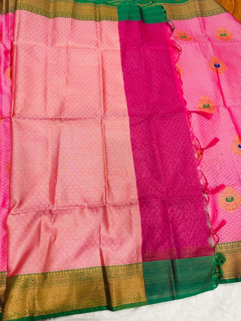 Pink Soft Silk Saree with Zari Border | Pink & Grey Blouse | South Indian Festive wear