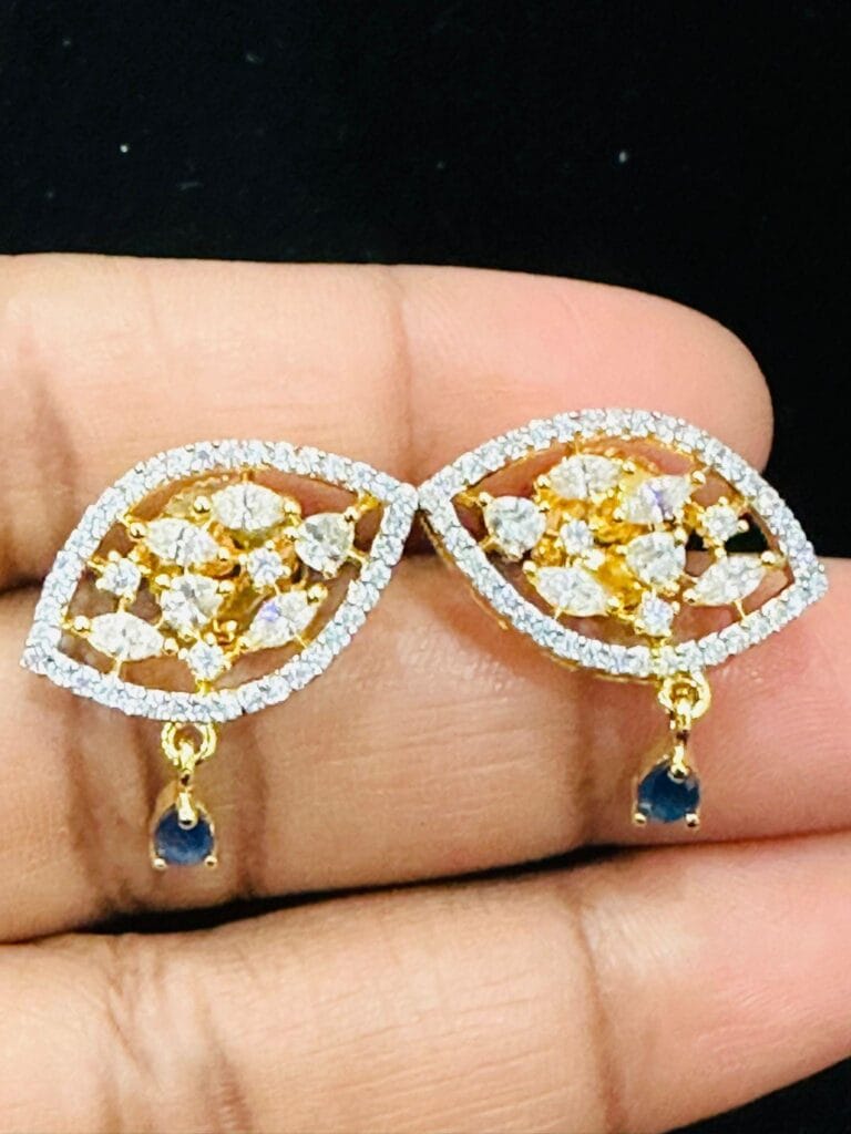 Gold Plated CZ Leaf Necklace Set with Blue Stone Pendant & Earrings