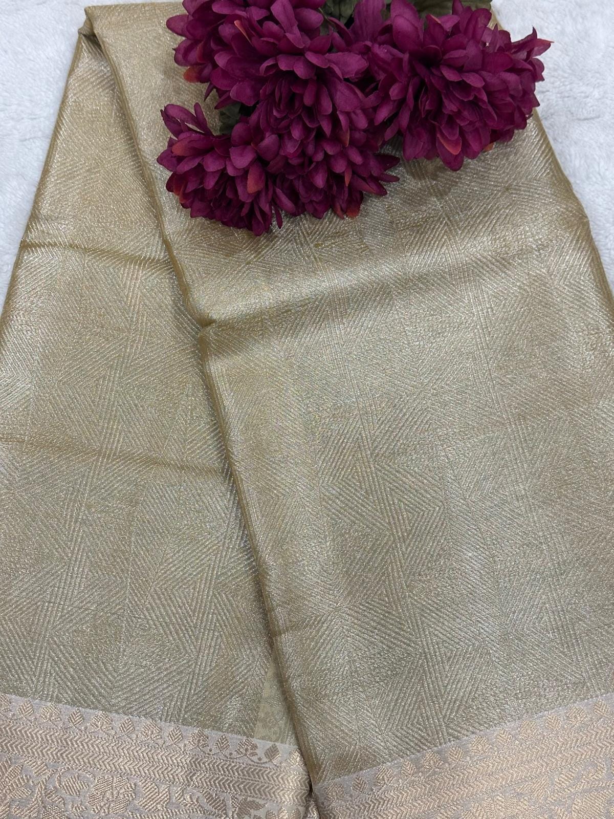 Gold Bridal Tissue Saree, Zari Weave, Unstitched Blouse - Image 2