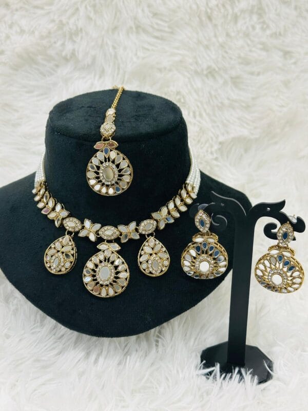 Real Glass Kundan Choker Set with Earrings & Maang Tikka | Mirror Jewelry