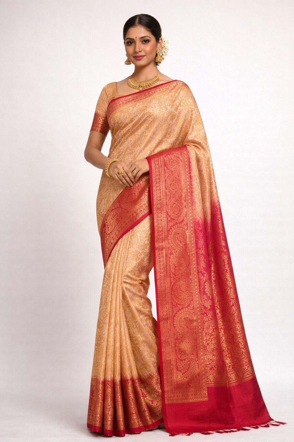 Sandal & Rani Pink Soft Silk Saree with Heavy Embroidered unstitched Blouse | Designer Party Wear - Image 1