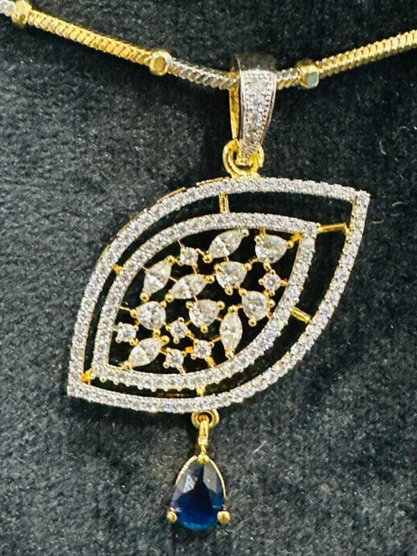 Gold Plated CZ Leaf Necklace Set with Blue Stone Pendant & Earrings - Image 2