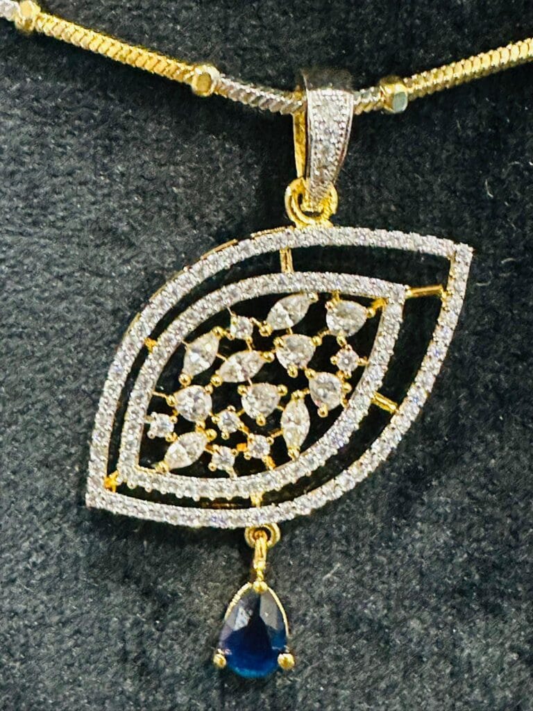 Gold Plated CZ Leaf Necklace Set with Blue Stone Pendant & Earrings
