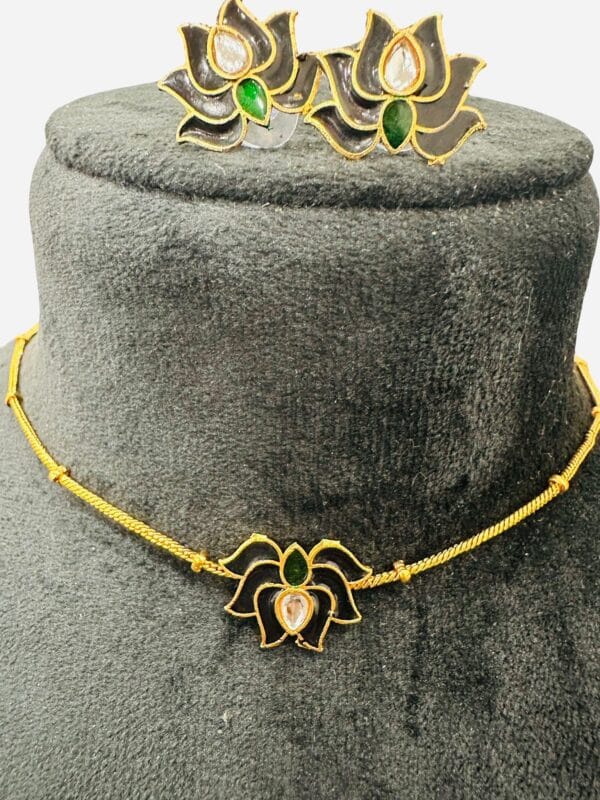 Black & Green Lotus Necklace Set | Necklace with Matching earrings - Image 2