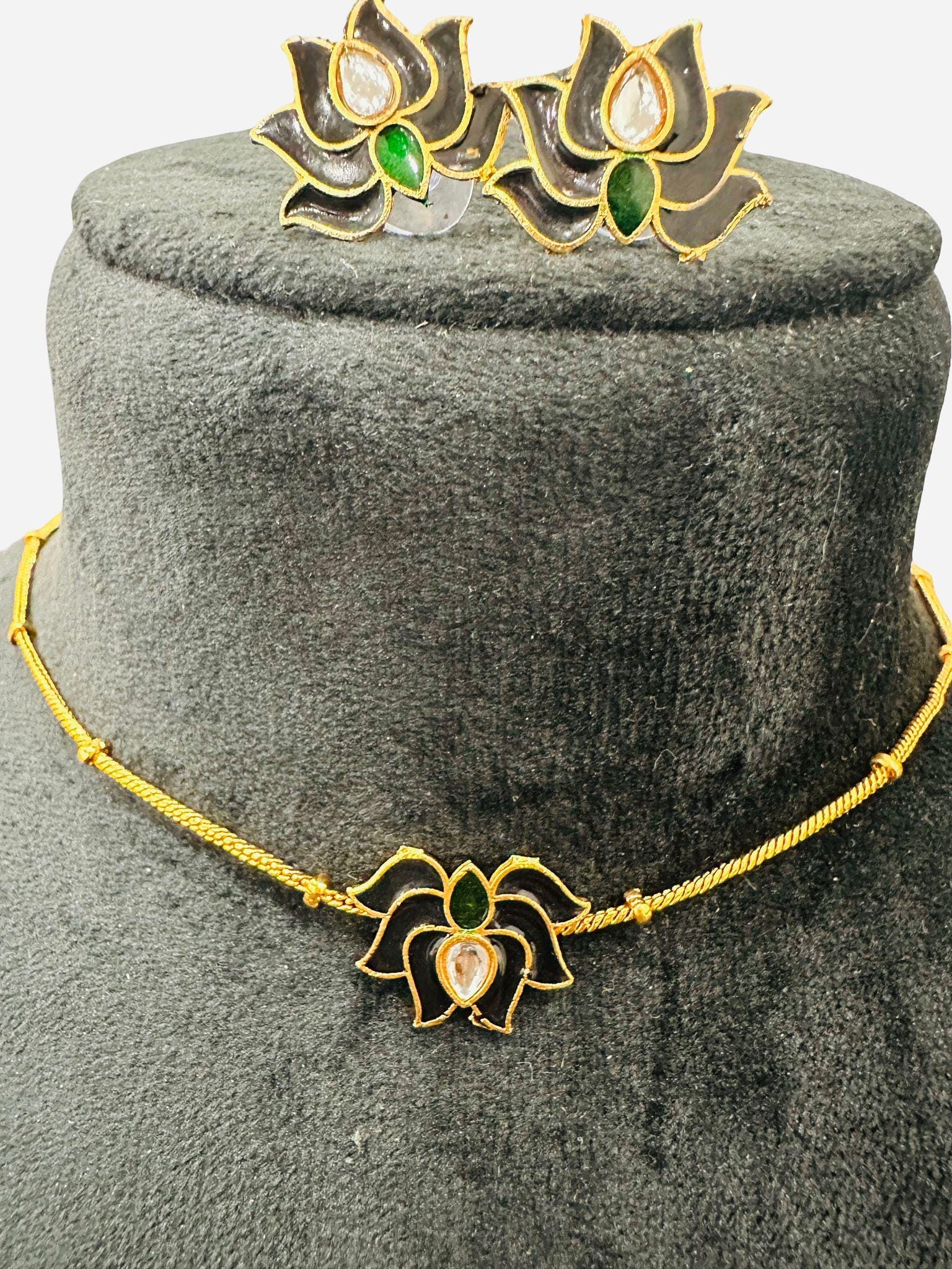 Black & Green Lotus Necklace Set | Necklace with Matching earrings - Image 2