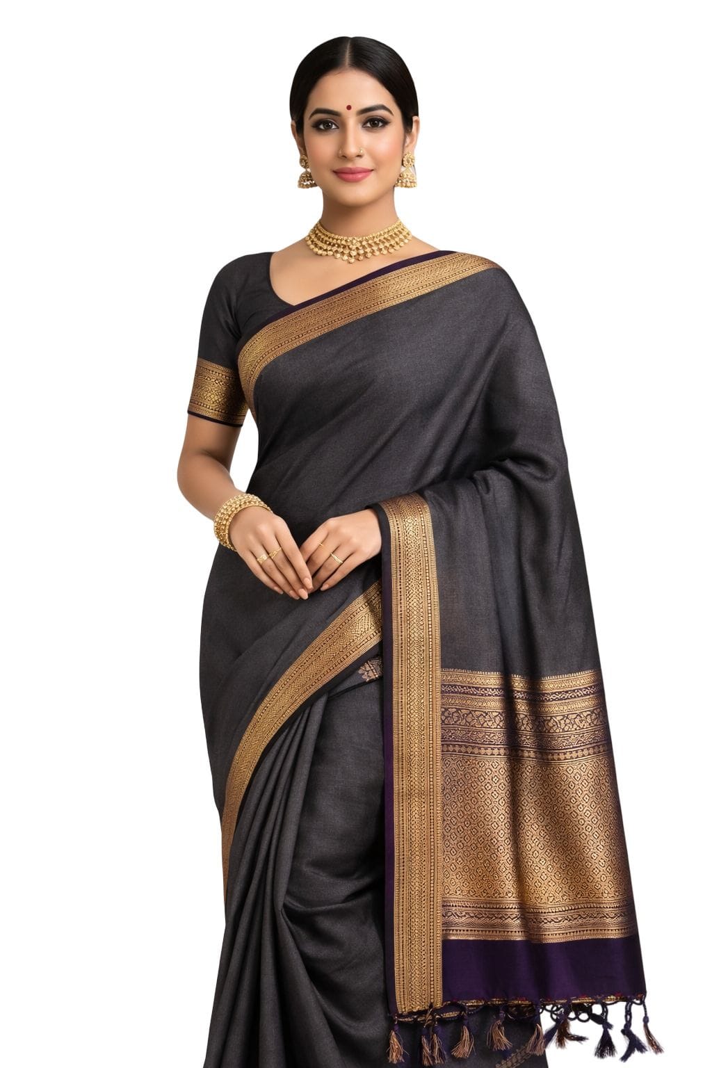 Elephant Grey Soft Silk Saree, Premium Kanchipuram Style Silk Saree, Grey Wedding Saree, Temple Border Zari Pallu, Traditional Party Wear - Image 1