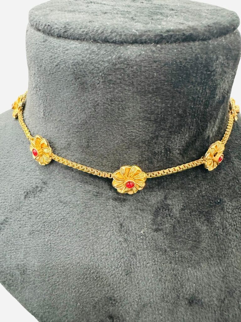 Floral Necklace with Red Stone | Micro Gold plated | Minimal Temple Jewelry