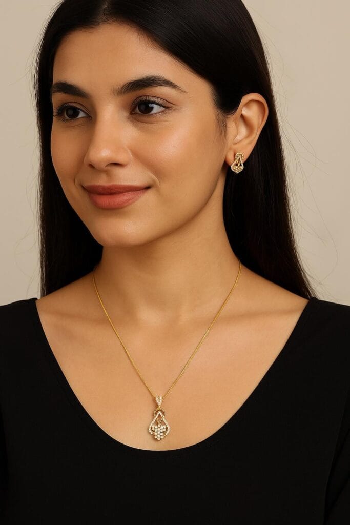 Gold Plated CZ Pendant Necklace Set • Elegant Daily Wear Jewelry • Lightweight Crystal Earrings